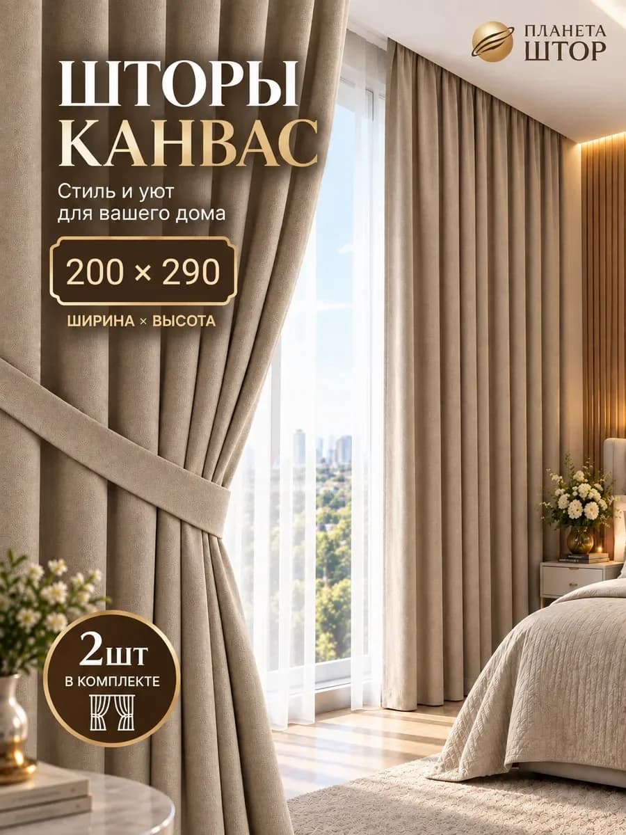 Шторы канвас 2 шт 200 на 290 см для спальни и гостиной — бежевый, капучино, светлый джинс, фото 1
